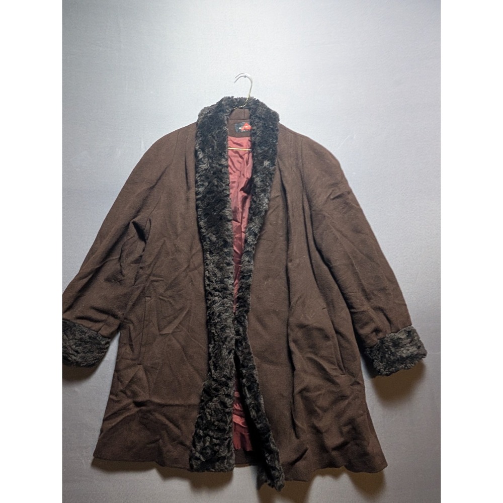 Vintage Alorna Super Fina Wool Coat Womens Brown Faux Fur Shawl Collar L